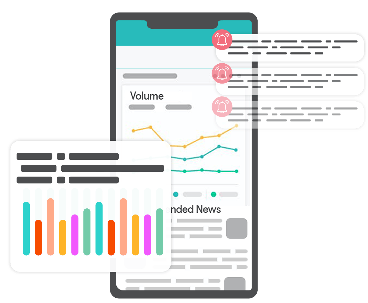Graphic illustration of mobile phone alerts for media data