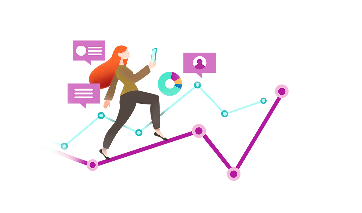 Graphic illustration of woman walking up a spike trend